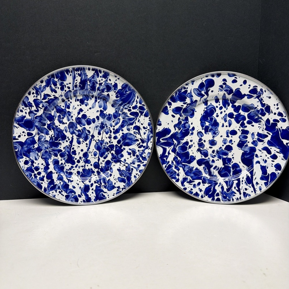 Golden Rabbit Blue White Marble Splatter Enamelware Plates Set of 2 Salad Plates